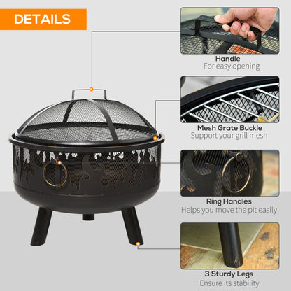 Outsunny 2-in-1 Outdoor Fire Pit with Cooking Grate Steel BBQ Grill Bowl Heater with Spark Screen Cover, Fire Poker for Backyard Bonfire Patio