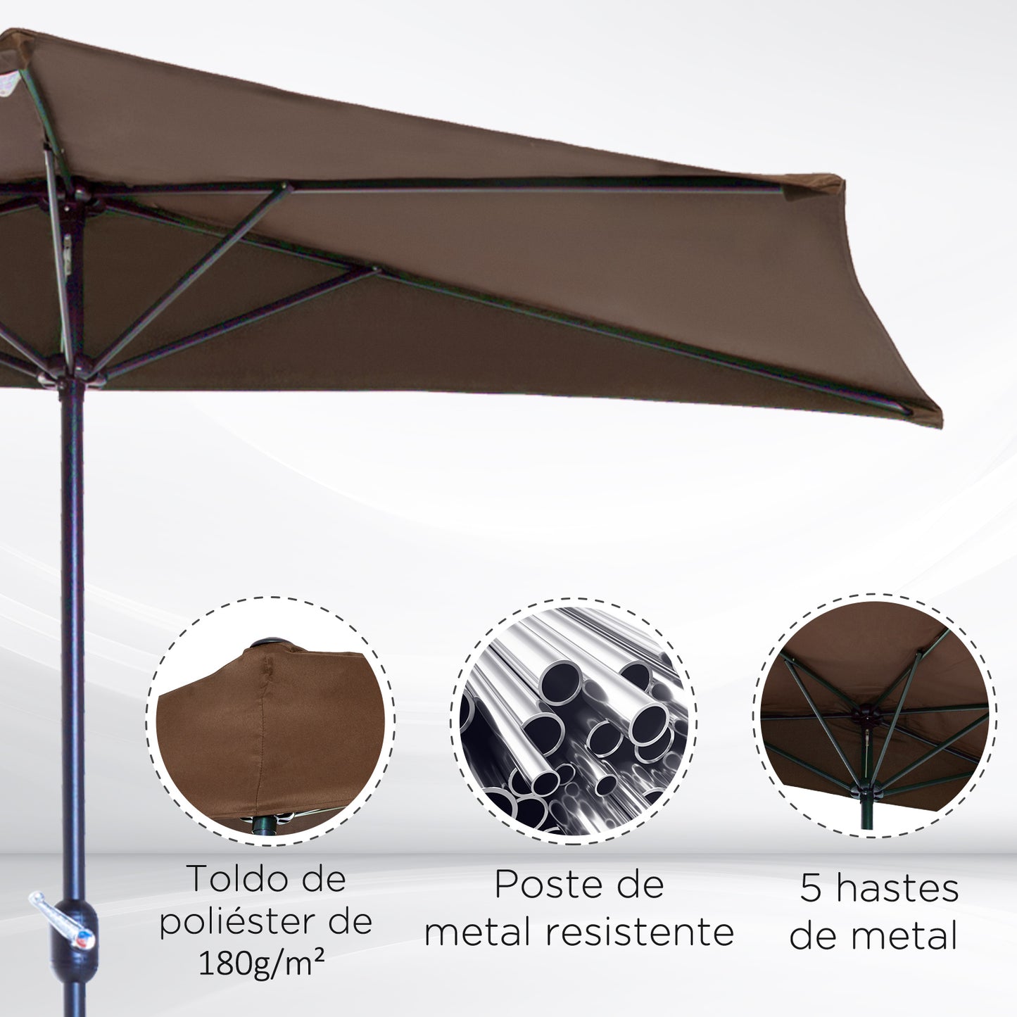 Outsunny 2.7m Balcony Half Parasol Garden Outdoor Umbrella 5 Steel Ribs - Brown