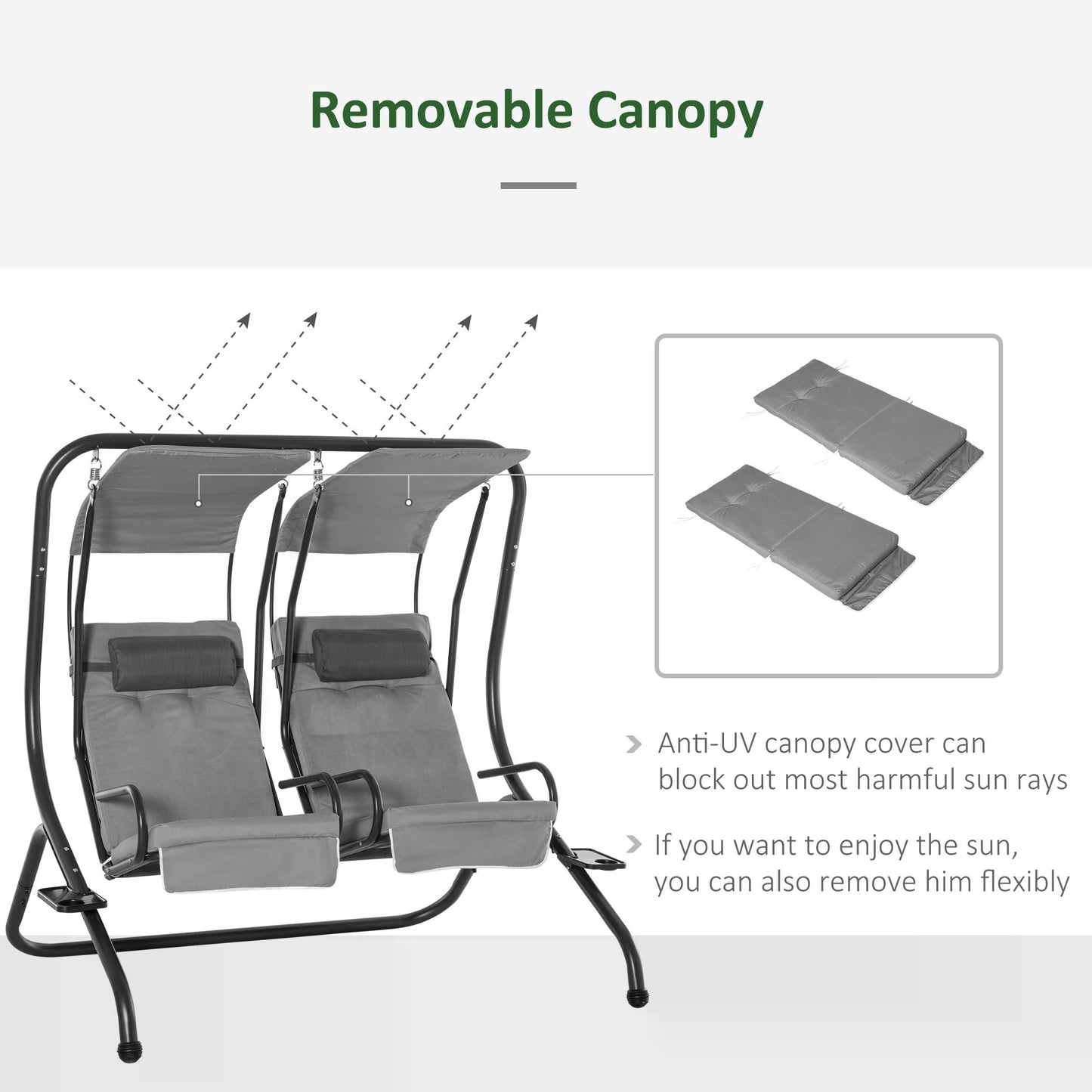 Outsunny Double Seat Swing Chair Modern Garden Swing w/ 2 Separate Relax Chairs, Handrails, Headrests and Removable Canopy, Grey