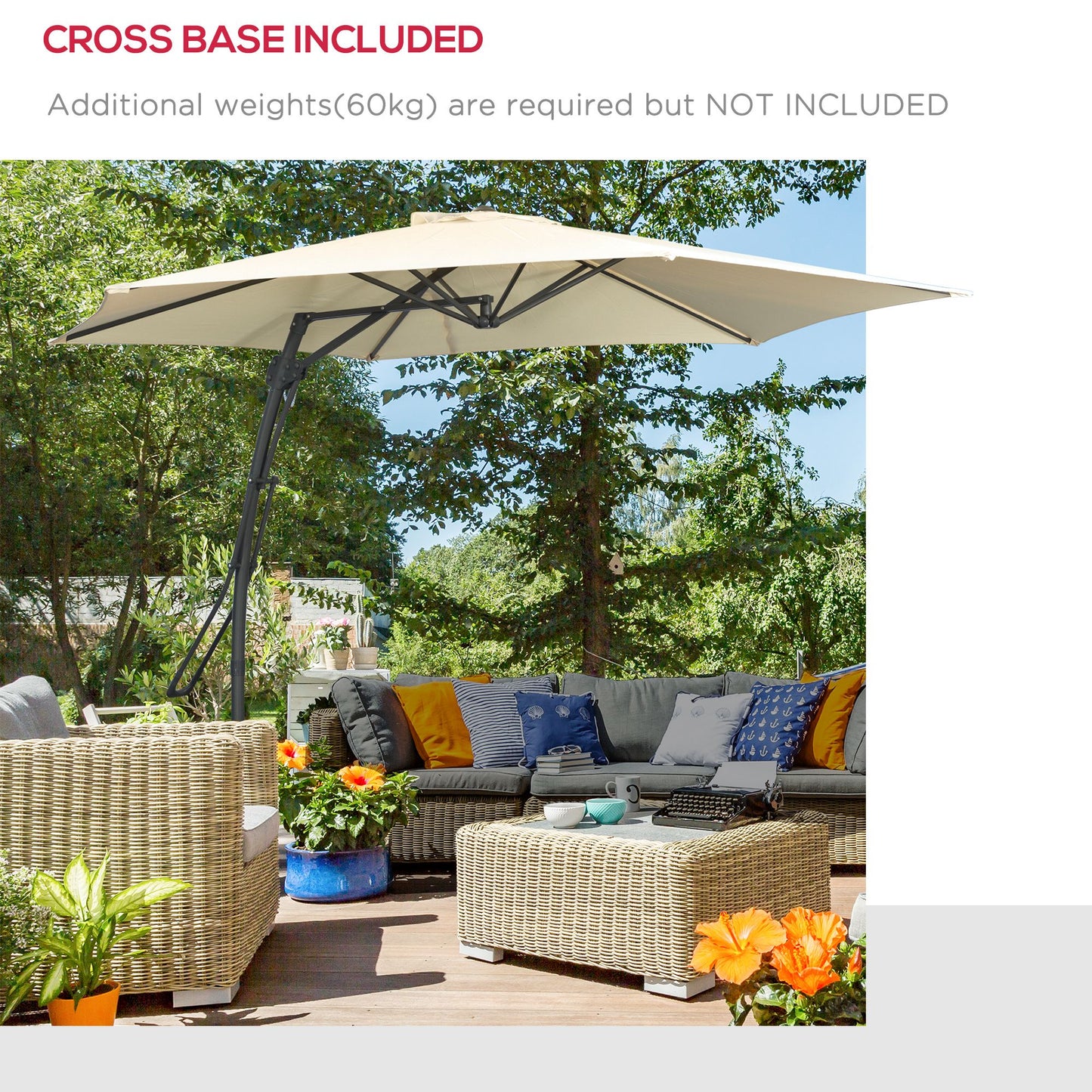 Outsunny 3m Cantilever Parasol with Easy Lever, Patio Umbrella with Crank Handle, Cross Base and 6 Metal Ribs, Outdoor Sun Shades，Garden, Cream White