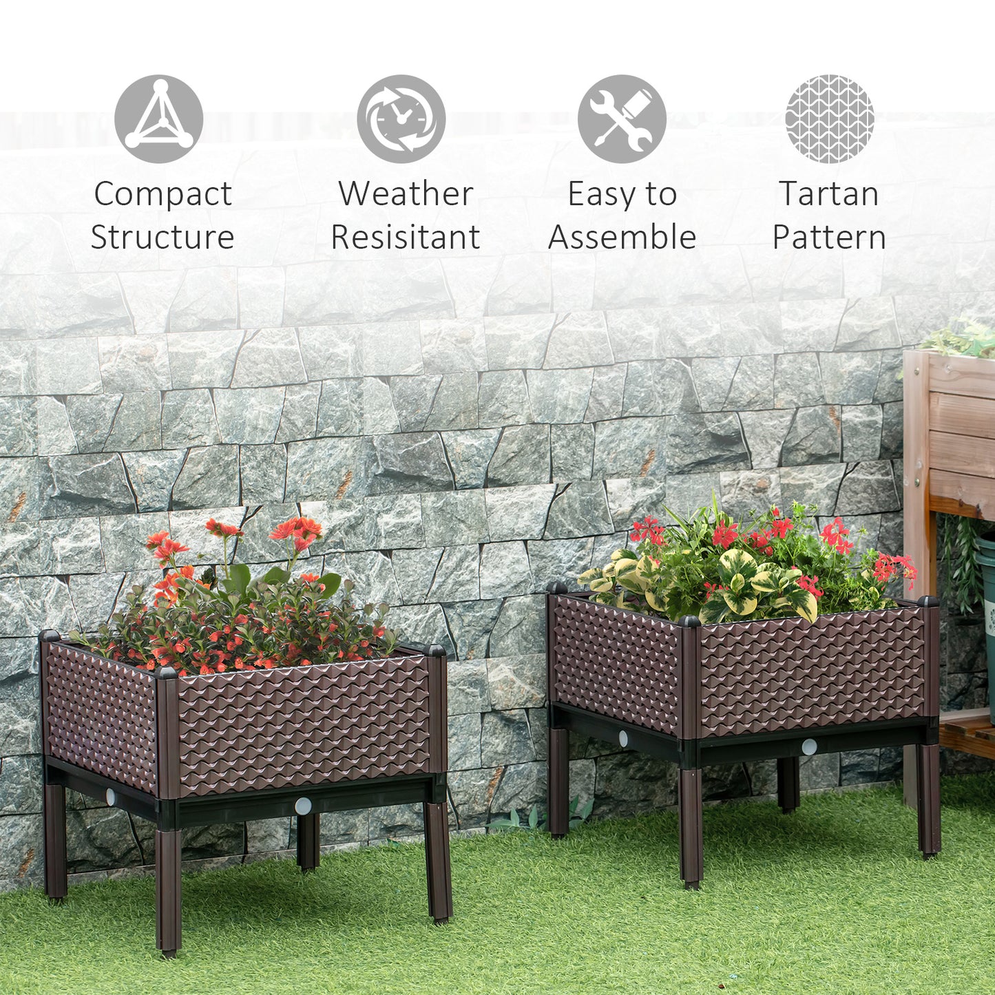 Outsunny 50cm x 50cm x 46.5cm Set of 2 Garden Raised Bed, Elevated Planter Box, Flower Vegetables Planting Container with Self-Watering Design