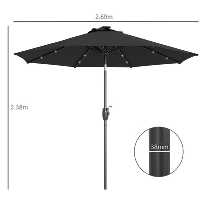 Outsunny Garden Parasol with Solar LED Lights, Tilt Sun Umbrella, Outdoor Patio Shade, 24 LED, Hand Crank, 8 Ribs, 2.7m, Black