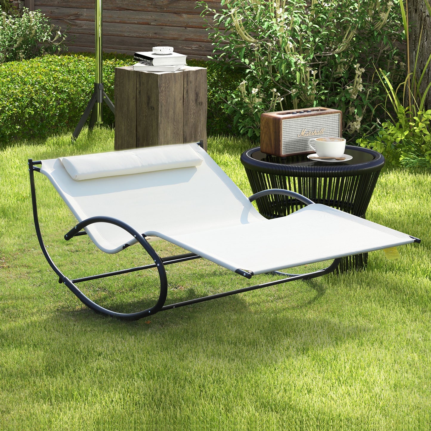 Outsunny Texteline Double Lounger W/Pillow-Beige