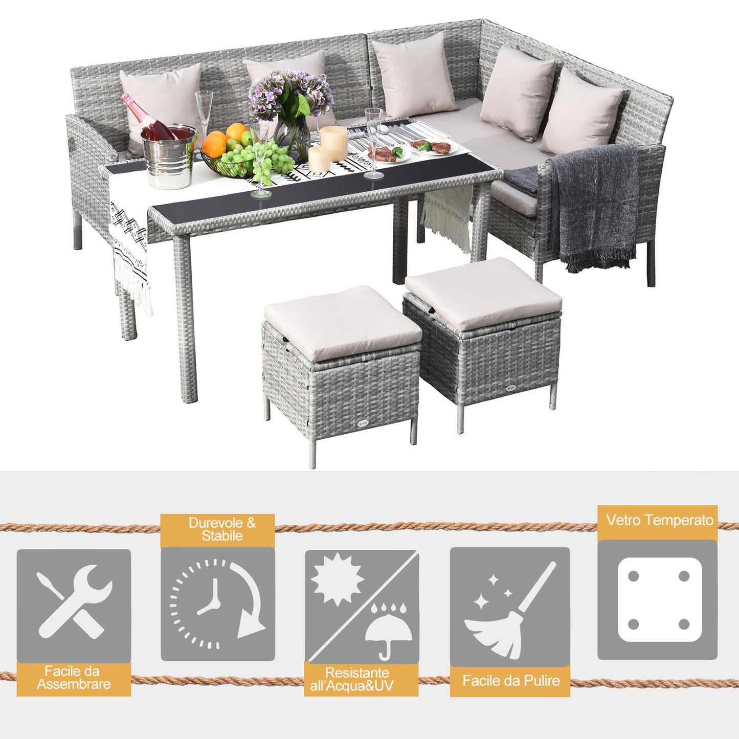 Outsunny 6-Seater Garden Outdoor Patio Rattan Corner Dining Set Wicker Sofa, Foot Stool, Dining Table with White Cushions, Mixed Grey