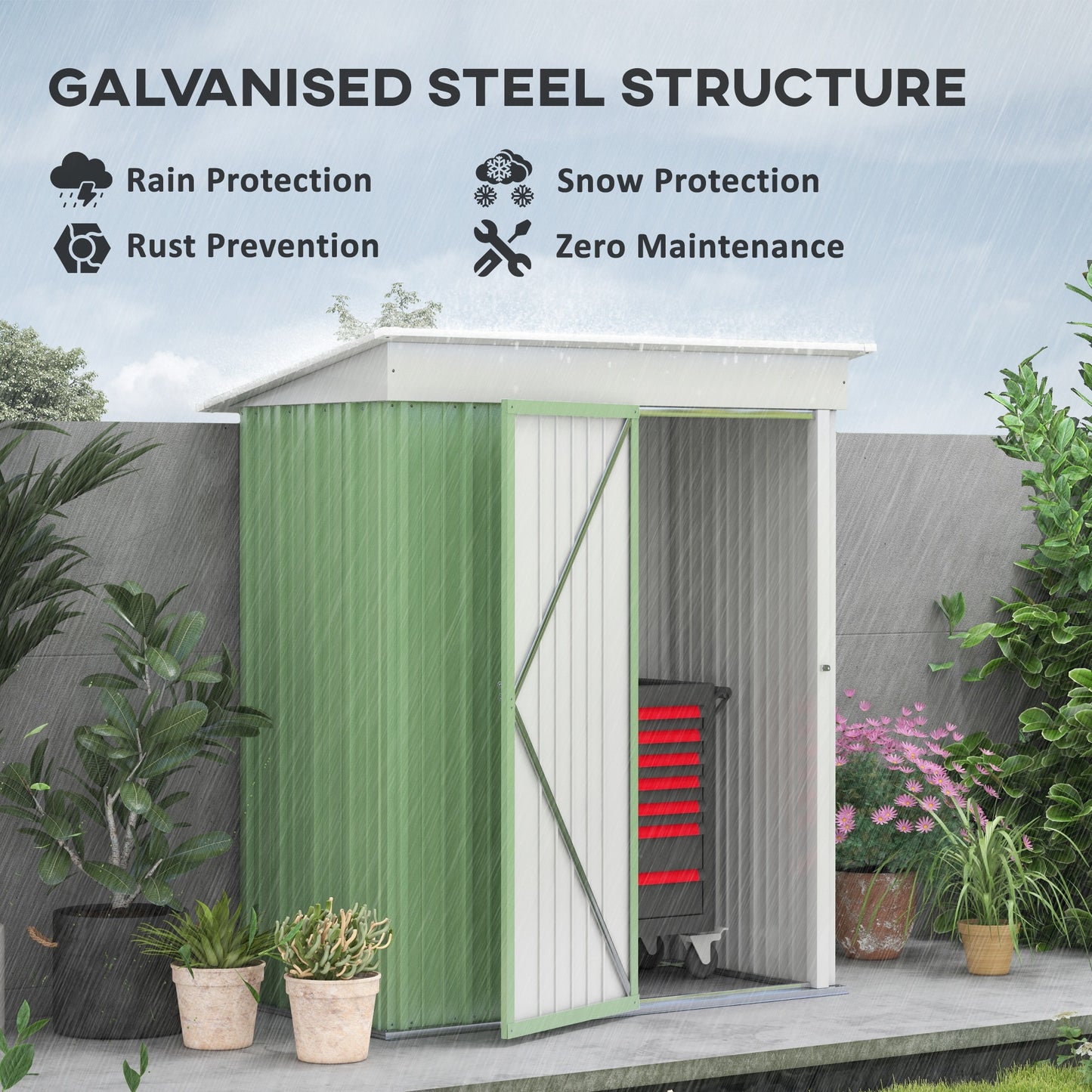 Outsunny 5'x3'x6' Metal Garden Shed Roofed Lean-to Shed for Tool Motor Bike, with Adjustable Shelf, Lock, Gloves, Green