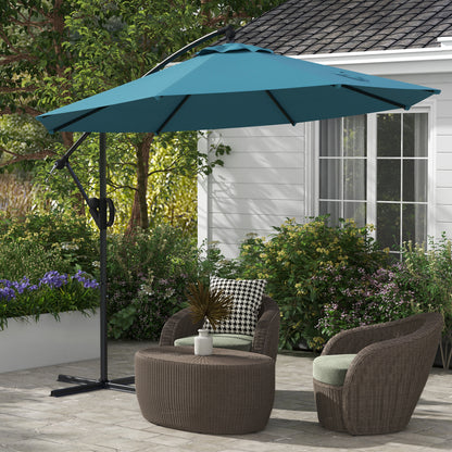 Outsunny Cantilever Parasol 3(m) with Cross Base, Banana Umbrella with Crank Handle, Tilt & 8 Ribs, Blue