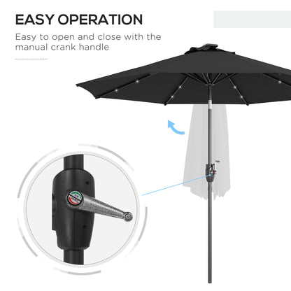 Outsunny Garden Parasol with Solar LED Lights, Tilt Sun Umbrella, Outdoor Patio Shade, 24 LED, Hand Crank, 8 Ribs, 2.7m, Black