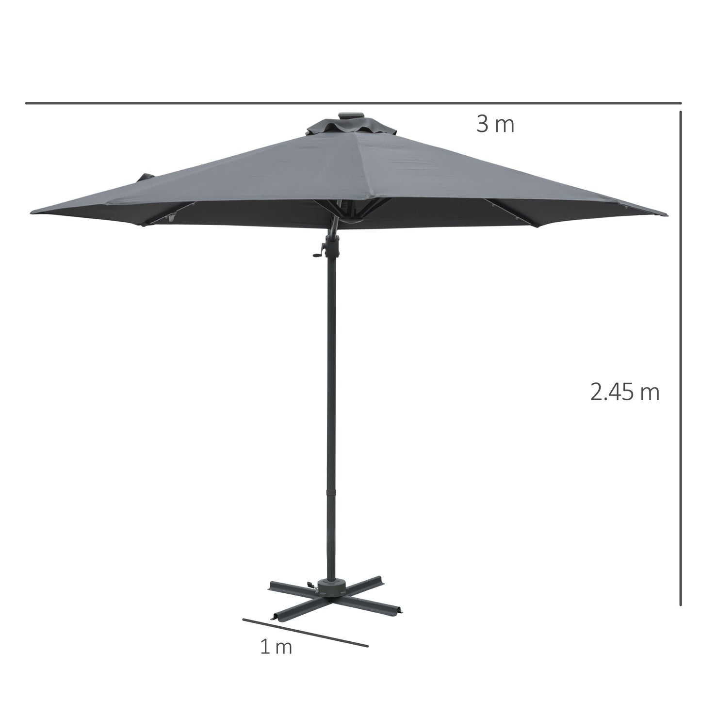 Outsunny 3(m) Square Outdoor Umbrella Patio Sun Umbrella with Crank & Tilt LED Solar Light Cross Base 360° Rotating Outdoor, Dark Grey