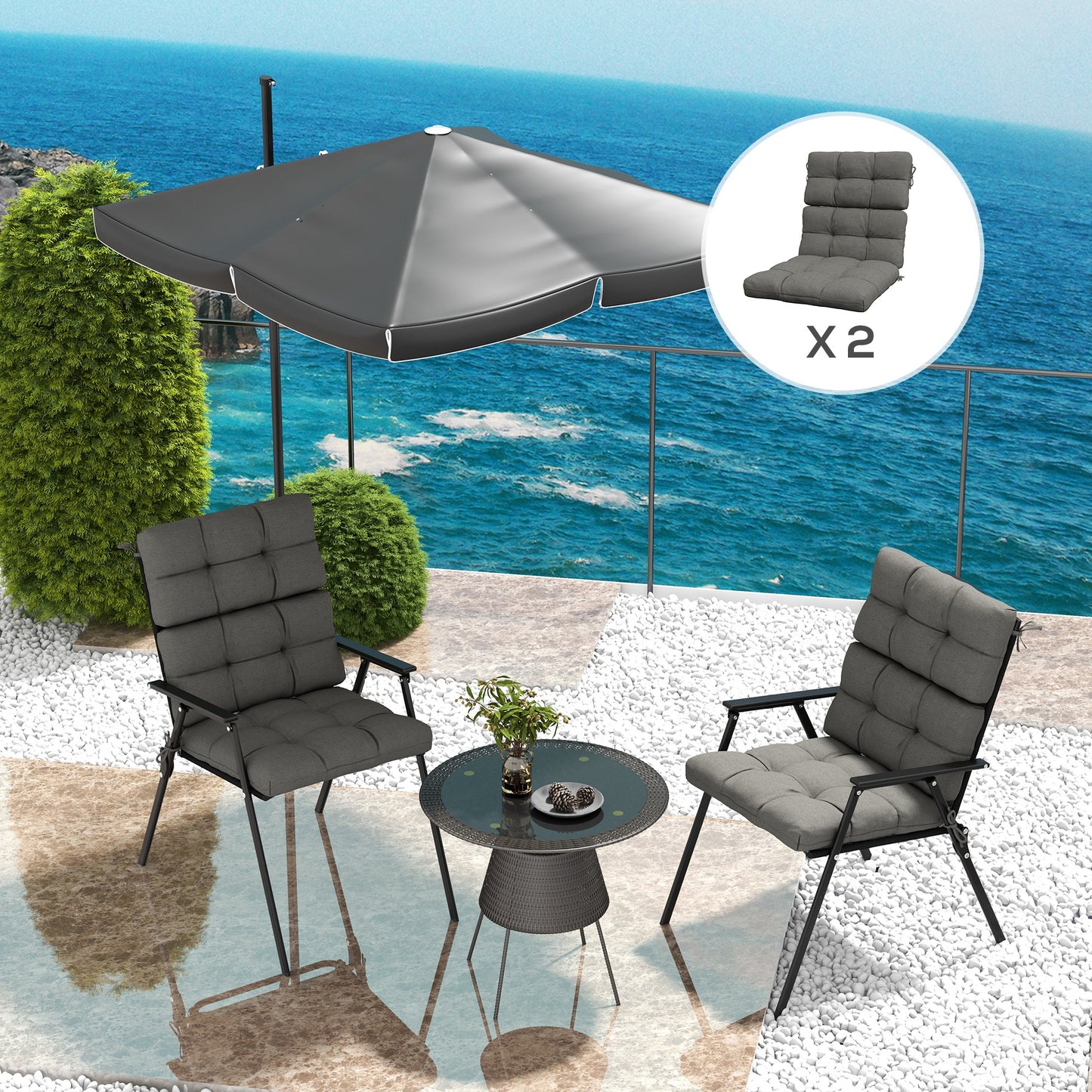 Outsunny Chair Cushion Set: Backrest & Seat Pads with Ties, Charcoal Grey