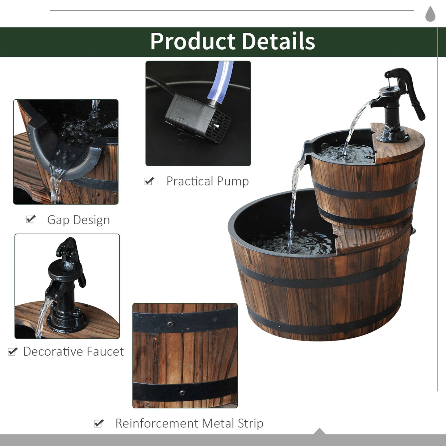 Outsunny Wooden Water Pump Fountain Cascading Feature Barrel Garden Deck (2 Tier)