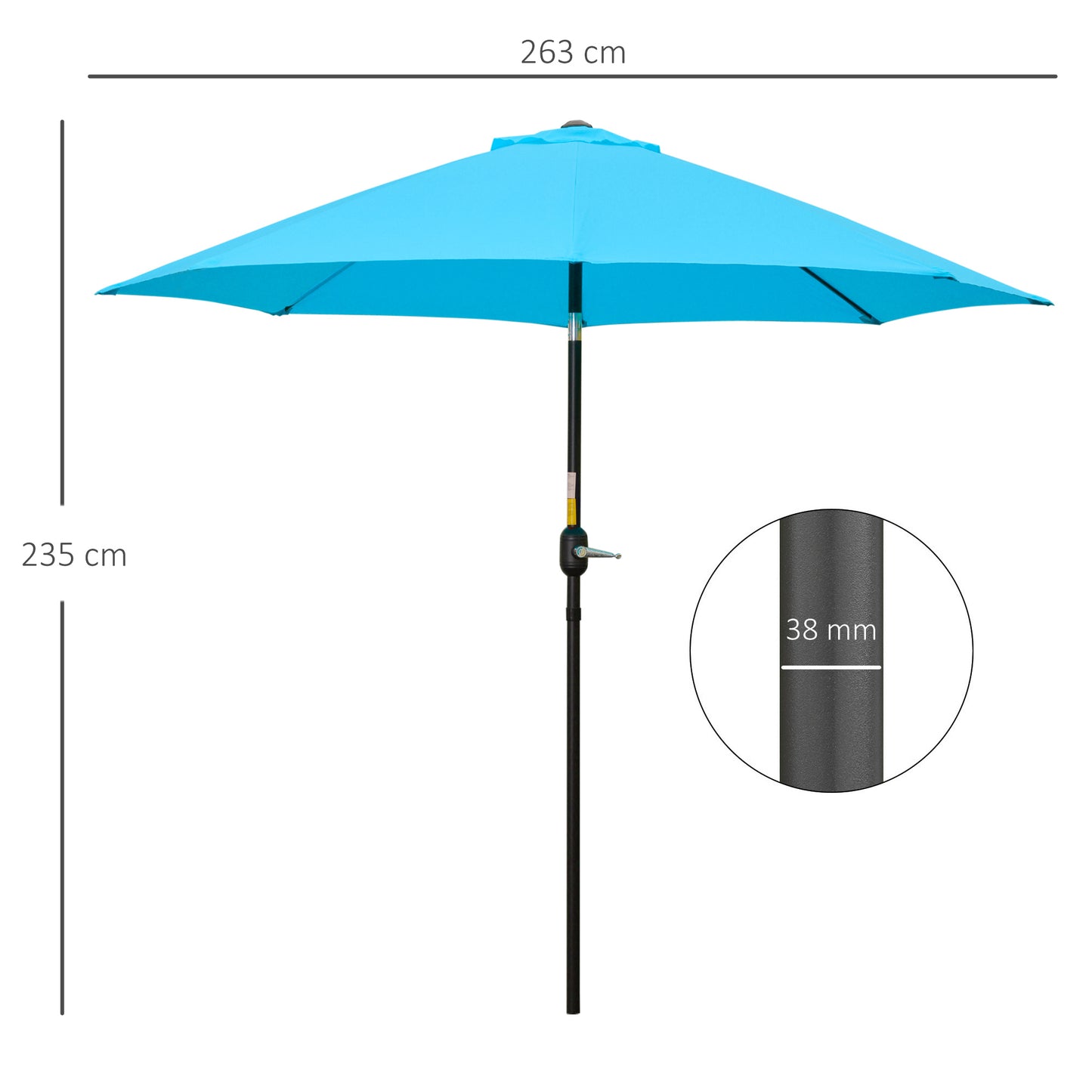 Outsunny 2.6M Patio Sun Umbrella with Tilt, Crank, 8 Ribs Aluminium Frame, Shade Shelter Canopy, Blue