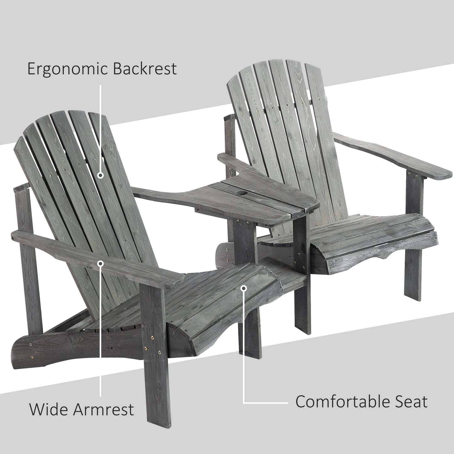 Outsunny Wooden Outdoor Double Adirondack Chairs Loveseat w-Center Table and Umbrella Hole, Garden Patio Furniture for Lounging and Relaxing, Grey