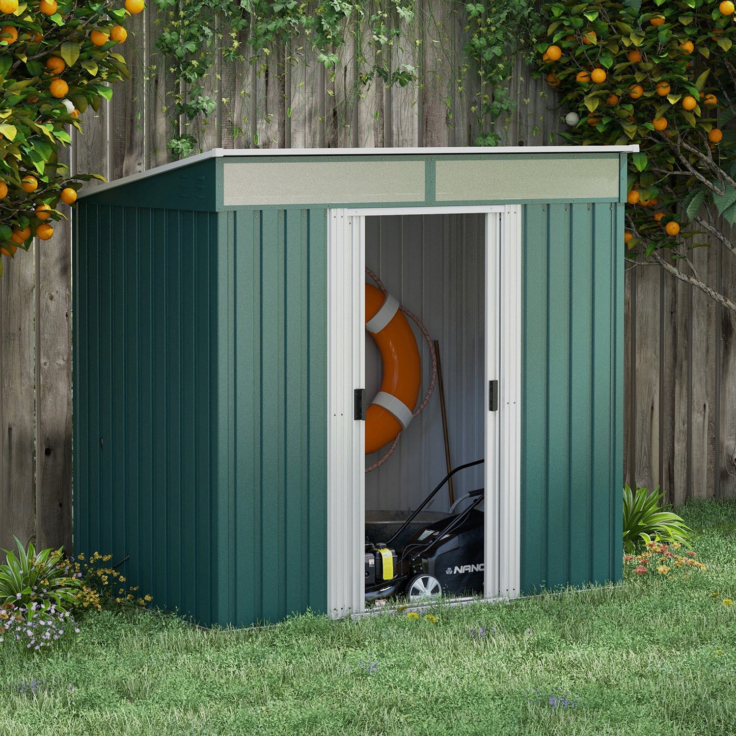 Outsunny 6.5 x 4FT Galvanised Metal Shed with Foundation, Lockable Tool Garden Shed with Double Sliding Doors and 2 Vents, Green
