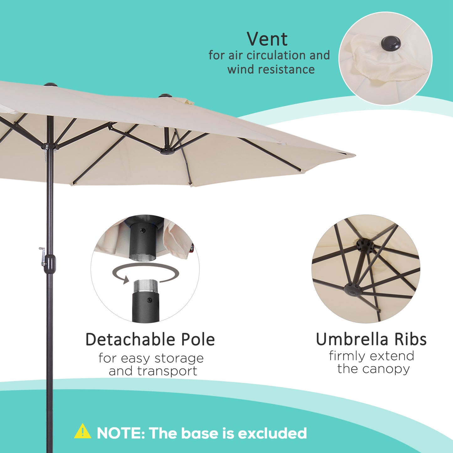 Outsunny 4.6m Garden Parasol Double-Sided Sun Umbrella Patio Market Shelter Canopy Shade Outdoor Beige - NO BASE