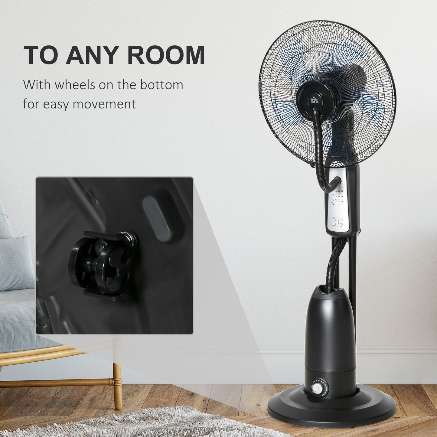 HOMCOM Pedestal Fan with Water Mist Spray, Humidifying Misting Fan, Standing Fan with 3 Speeds, 2.8L Water Tank, Timer and Remote, Black