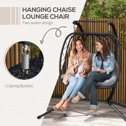 Outsunny Outdoor PE Rattan Double-seater Swing Chair w/ Thick Padded Cushion, Patio Hanging Chair for 2 w/ Metal Stand, Headrest, Black