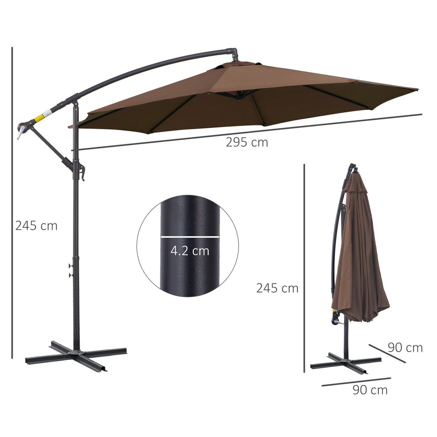 Outsunny 3M Brown Cantilever Umbrella, Hanging Banana Parasol, Steel Frame, for Patio Sun Shade