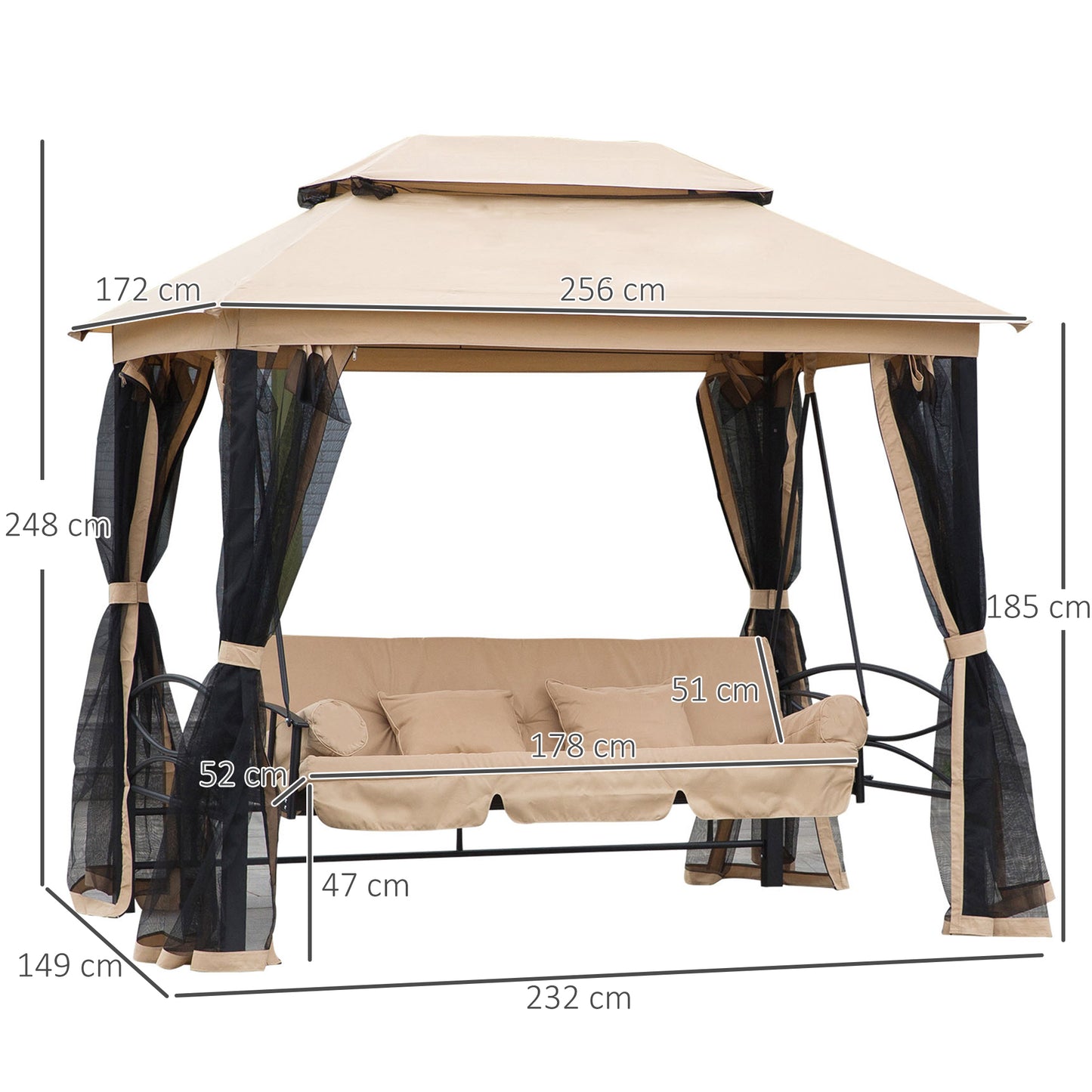 Outsunny 3 Seater Swing Chair 3-in-1 Convertible Hammock Bed Gazebo Patio Bench Outdoor with Double Tier Canopy, Cushioned Seat, Mesh Sidewalls, Beige