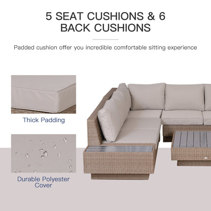 Outsunny 5-Seater Rattan Garden Furniture Outdoor Sectional Corner Sofa and Coffee Table Set  Conservatory Wicker Weave w/ Armrest Cushions, Beige