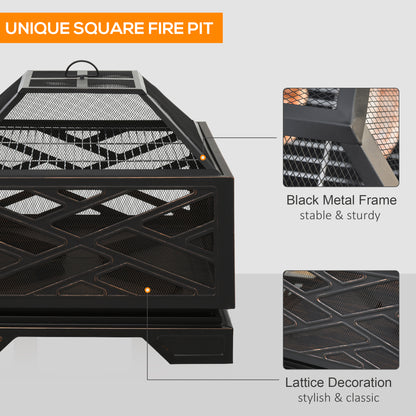 Outsunny 66cm 2 in 1 Square Fire Pit Metal Brazier for Garden, Patio with BBQ Grill Shelf & Spark Screen Cover & Poker, Black