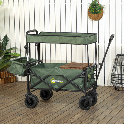 Outsunny Folding Trolley Cart Storage Wagon Beach Trailer 4 Wheels with Handle Overhead Canopy Cart Push Pull for Camping, Green