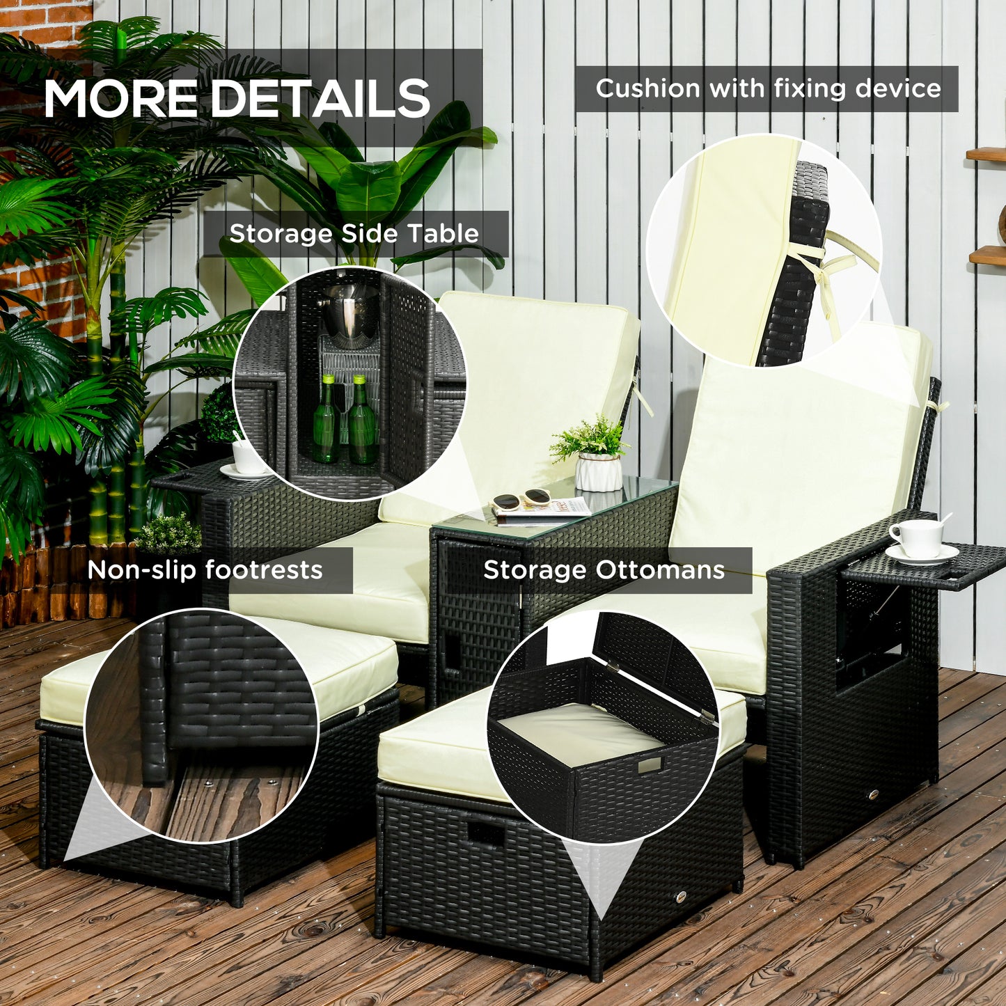 Outsunny 5PC PE Rattan Sun Lounger, Outdoor Wicker 5-level Adjustable Recliner Sofa Bed with Storage Side Table, Footstools, for Patio, Garden, Black