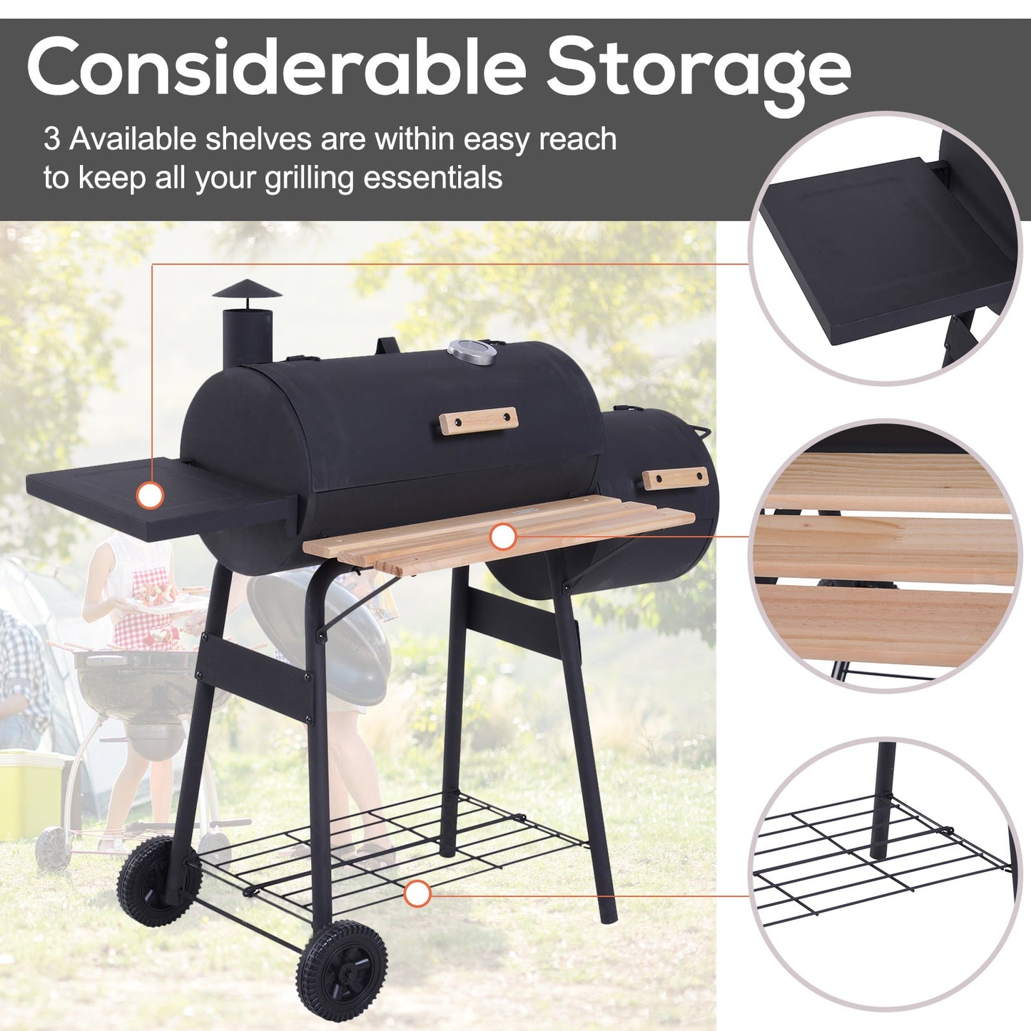Outsunny Charcoal Barbecue Grill Garden Portable BBQ  Trolley w/ Offset Smoker Combo, Handy Shelves and On-lid Thermometer