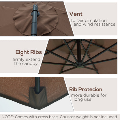 Outsunny 3M Brown Cantilever Umbrella, Hanging Banana Parasol, Steel Frame, for Patio Sun Shade