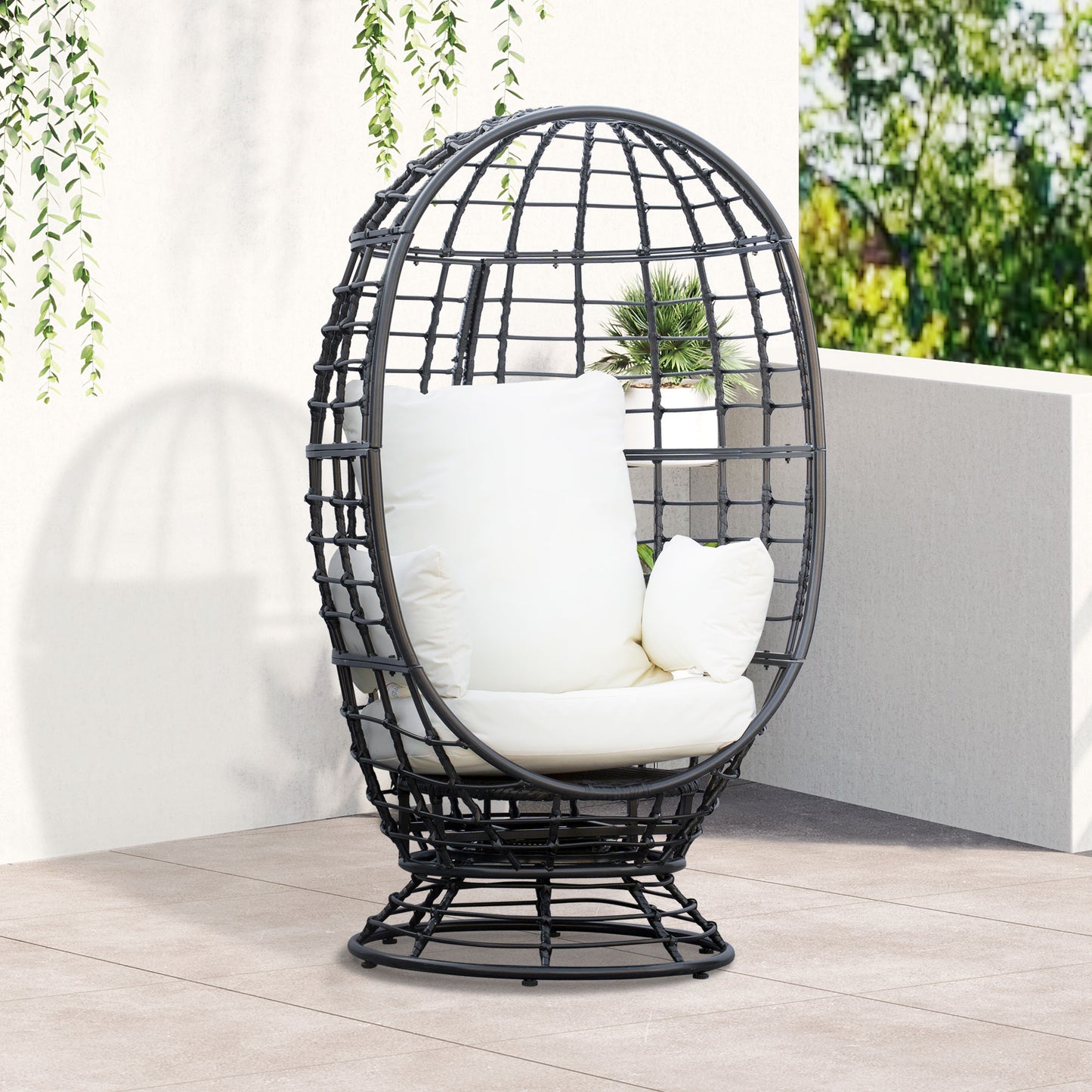 Outsunny 360° Swivel Egg Chair Outdoor, Cocoon Single Chair with Cushion for Patio & Conservatory Balcony, Black | Aosom UK