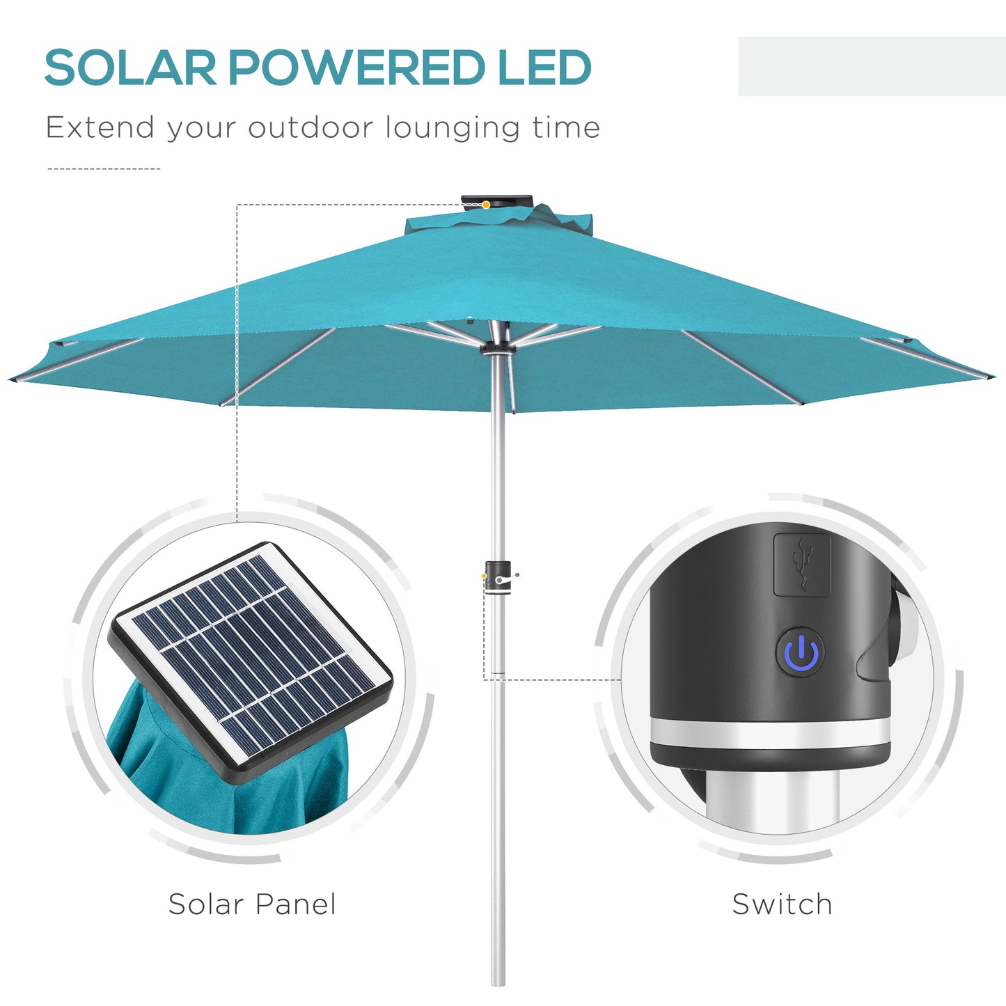 Outsunny LED Patio Umbrella, Lighted Deck Umbrella with 4 Lighting Modes, Solar & USB Charging, Blue