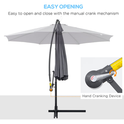 Outsunny 3(m) Garden Banana Parasol Cantilever Umbrella with Crank Handle and Cross Base, 8 Ribs for Outdoor, Hanging Sun Shade, Grey