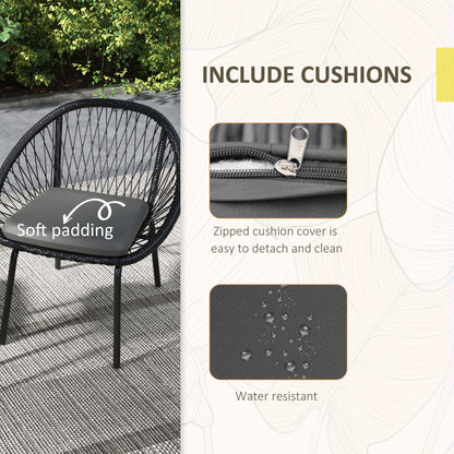 Outsunny 3 Piece Garden Furniture Set with Cushions, Round PE Rattan Bistro Set w/ 2 Armchairs & Metal Plate Coffee Table