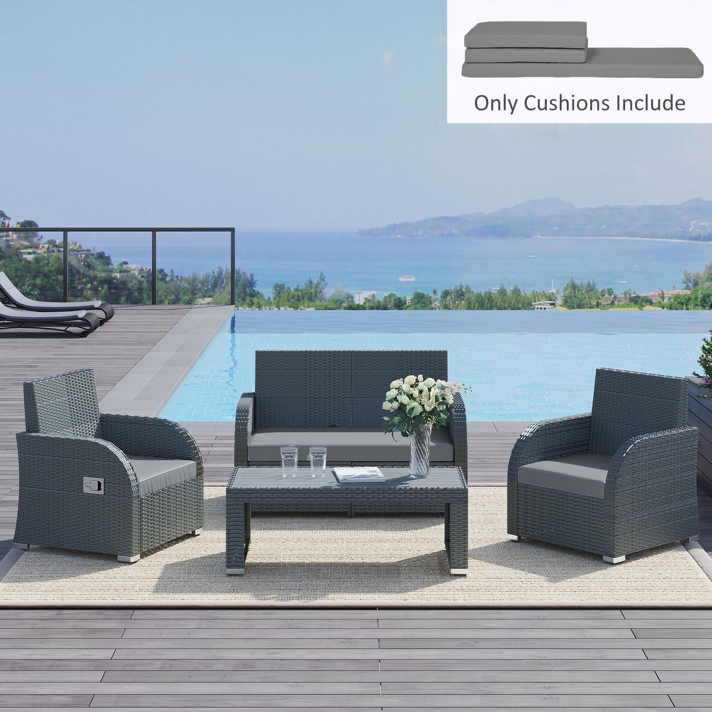 Outsunny Garden Seat Cushion Pads for Rattan Chairs, 3 Piece Patio Furniture Cushions, Dark Grey