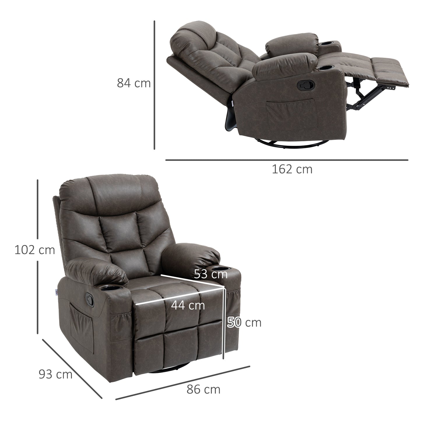 HOMCOM Manual Reclining Chair, Recliner Armchair with Faux Leather, Footrest, Cup Holders, 86x93x102cm, Brown