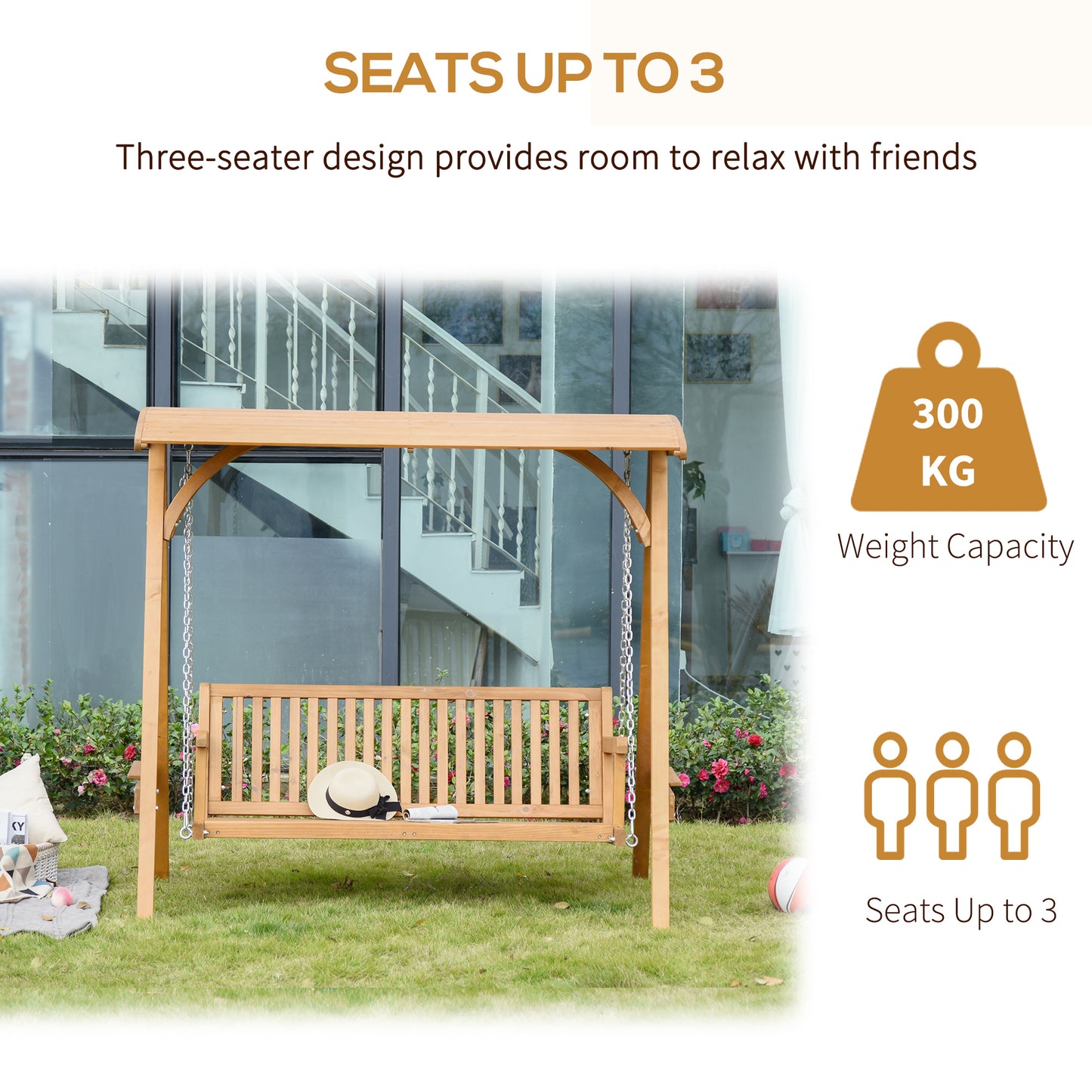 Outsunny 3-Seater Larch Wood Garden Swing Chair Bench Hammock Lounger with Wooden Canopy, Teak