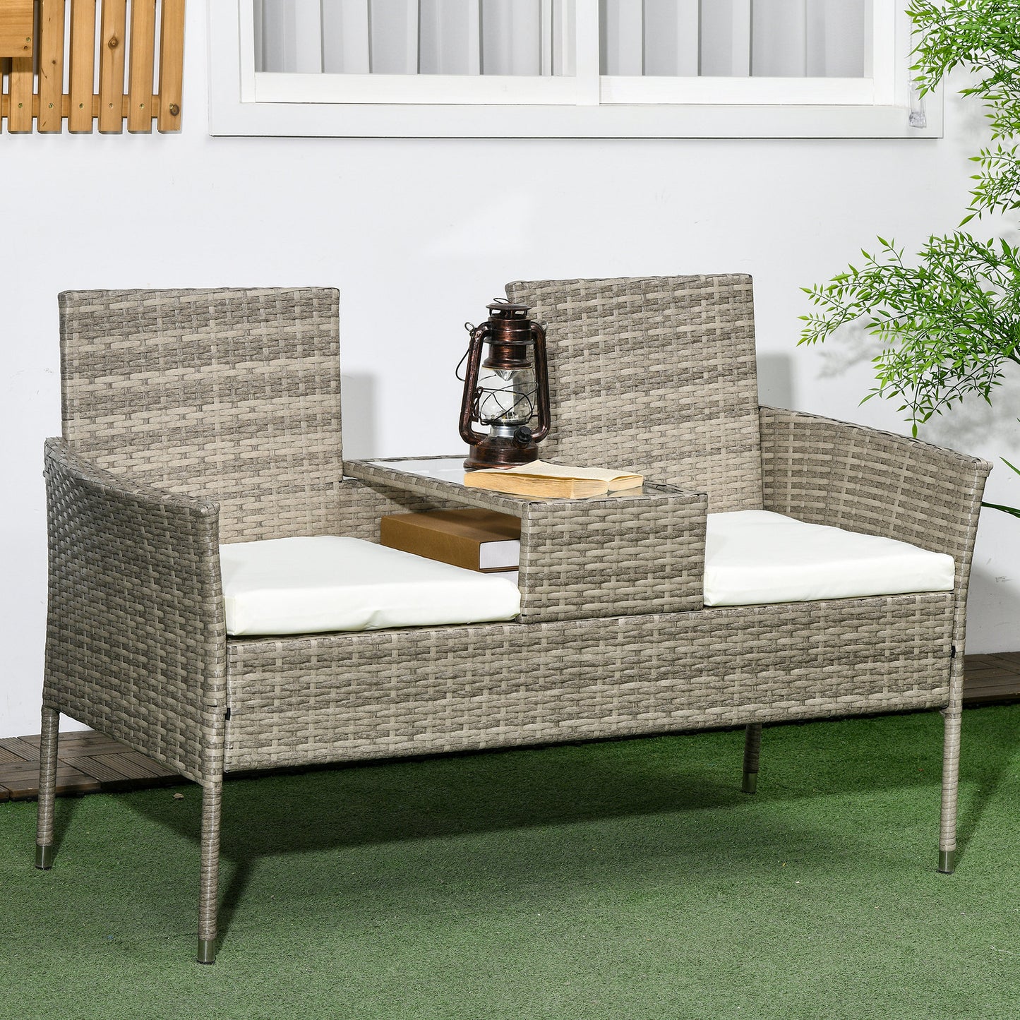Outsunny Garden Loveseat 2 Seater Rattan Chair for Garden Outddor, with Glass-top Middle Table, Padded Cushions, Grey | Aosom UK