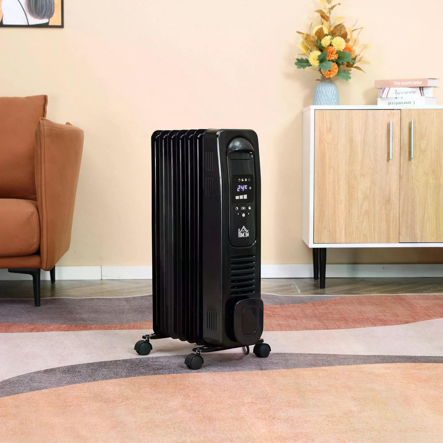HOMCOM 1630W Digital Oil Filled Radiator, 7 Fin, Portable Electric Heater with LED Display, Built-in Timer, 3 Heat Settings, Remote Control, Black