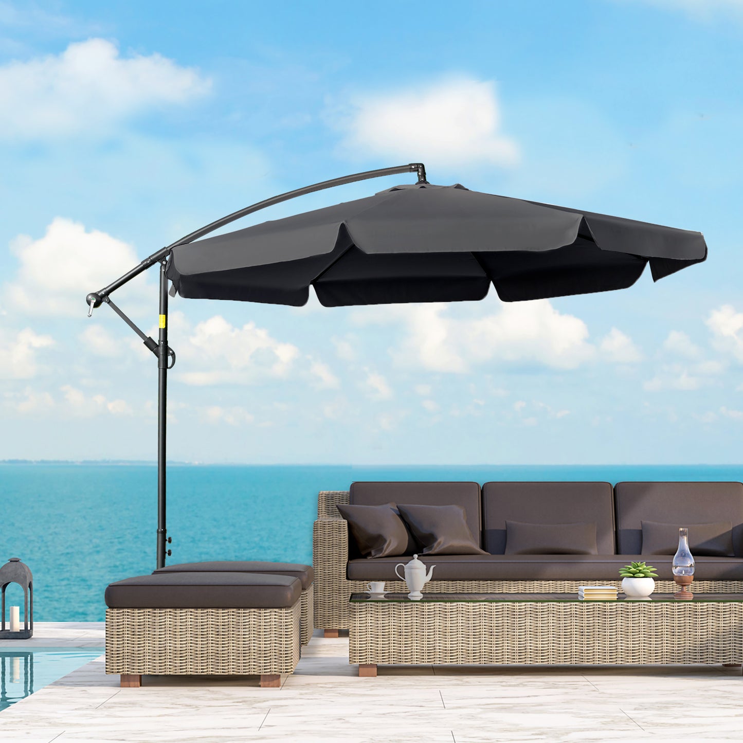 Outsunny 2.7m Banana Parasol Cantilever Umbrella with Crank Handle and Cross Base for Outdoor, Hanging Sun Shade, Black