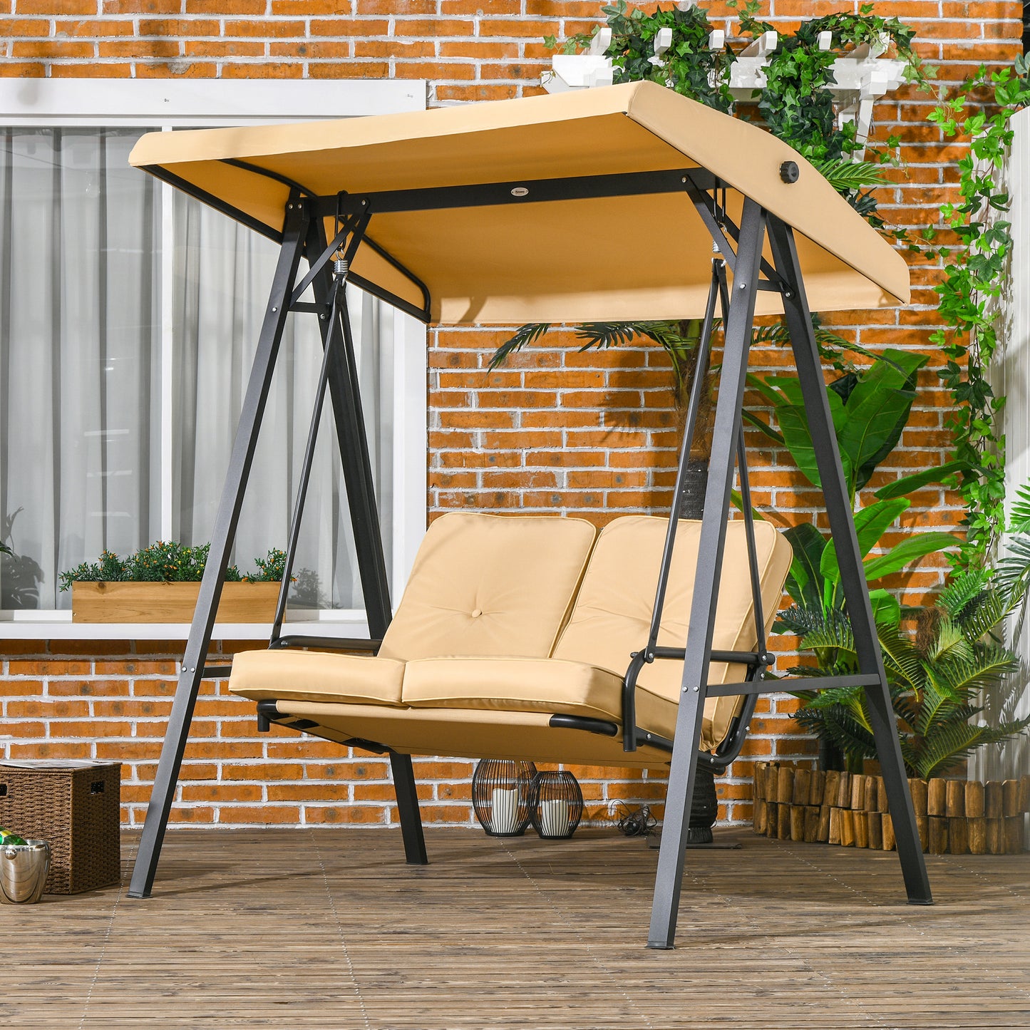 Outsunny Two-Seater Garden Swing Bench, with Adjustable Canopy - Beige