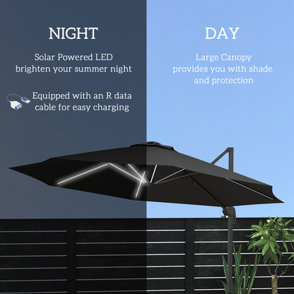 Outsunny 3(m) Adjustable Cantilever Parasol with Base, Solar LED Lights, Dark Grey