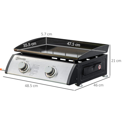 Outsunny Gas Plancha Barbecue Grill 6kW Portable Tabletop Gas BBQ w/ 2 Burners, Non-stick Hotplate, Drain Hole and Grease Collection Box