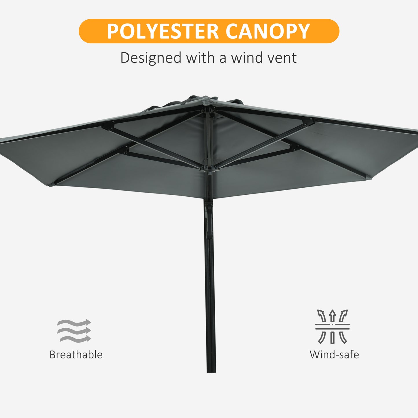 Outsunny Wall Mounted Parasol, Hand to Push Outdoor Patio Umbrella with 180 Degree Rotatable Canopy for Porch, Deck, Garden, 250 cm, Grey