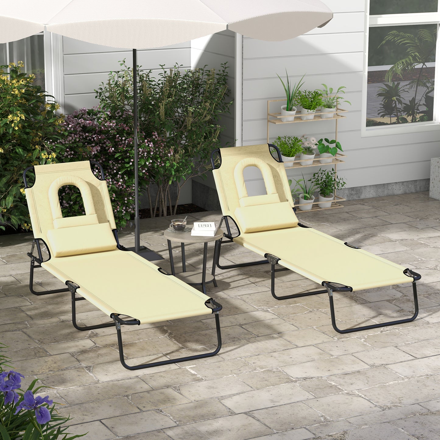 Outsunny Outdoor Foldable Sun Lounger Set of 2, 4 Level Adjustable Backrest Reclining Sun Lounger Chair with Pillow and Reading Hole, Beige