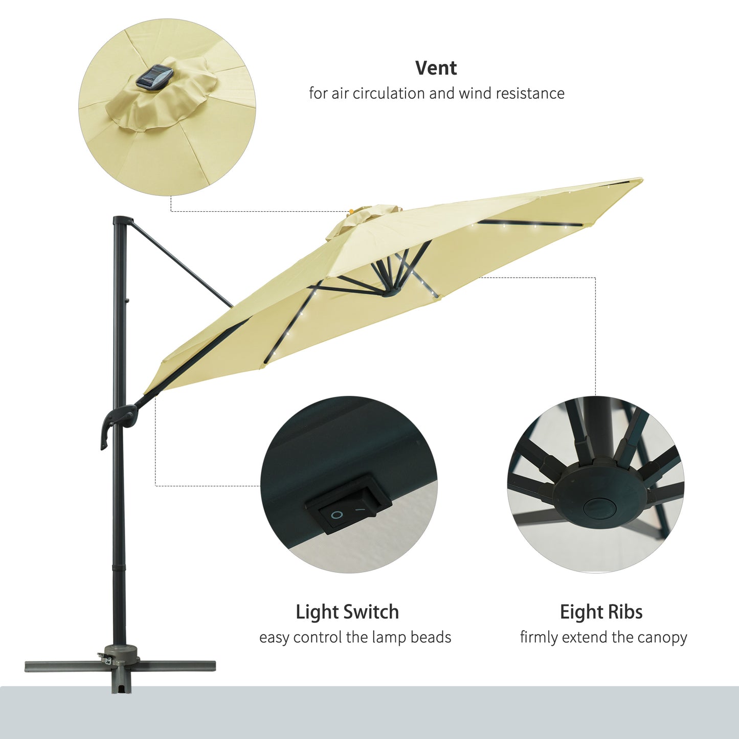 Outsunny 3 meter Patio Offset Roma Parasol Garden Umbrella Cantilever Hanging Sun Shade Canopy Shelter 360° Rotation with Cross Base, Beige