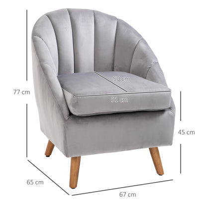 HOMCOM Accent Chair Velvet Fabric Single Sofa Armchair Home Living Room Solid Wood Leg Upholstered Side Armchair Grey