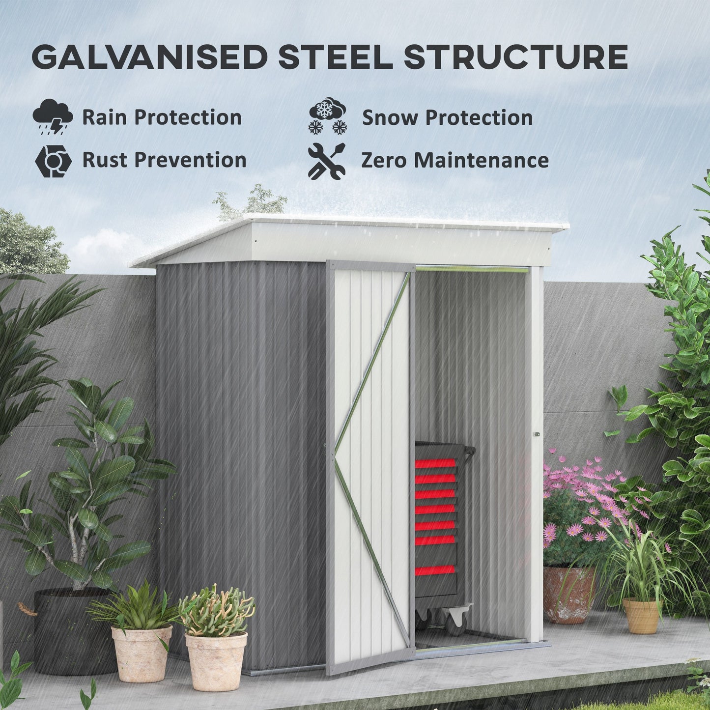 Outsunny Metal Garden Shed, Outdoor Lean-to Shed for Tool Motor Bike, with Adjustable Shelf, Lock, Gloves, 5'x3'x6', Grey