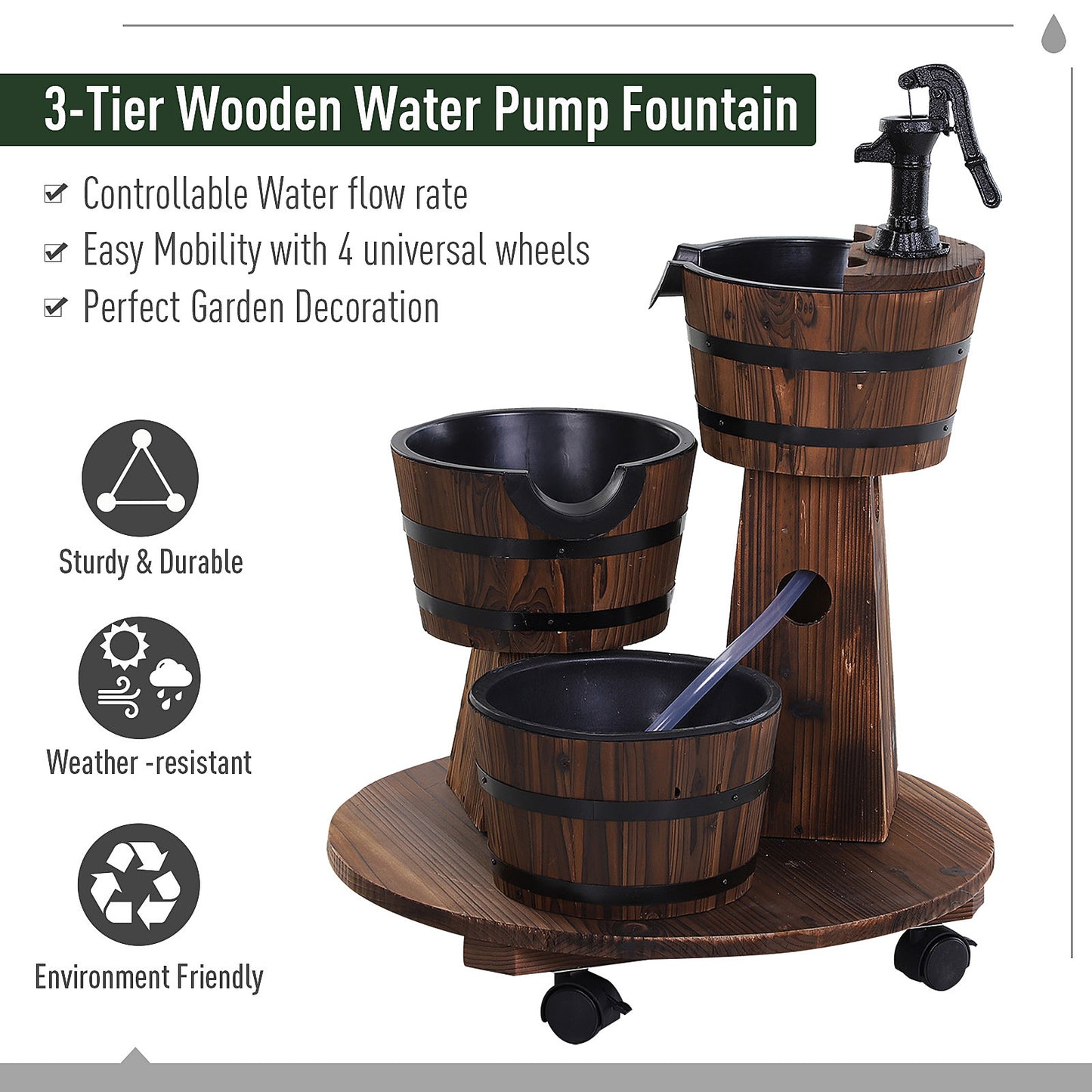 Outsunny Fir Wood 3 Barrel Water Foundation w/ Pump