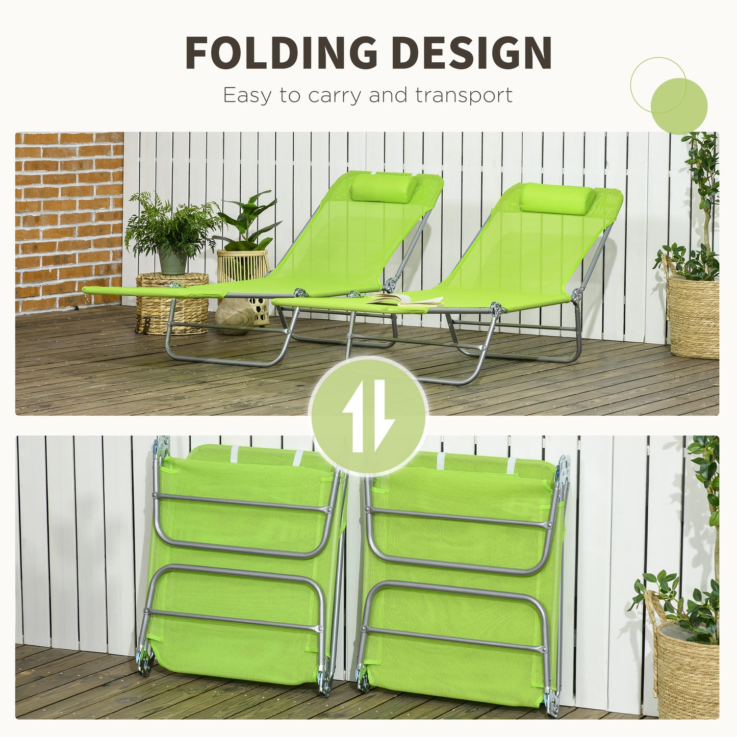 Outsunny Reclining Sun Lounger, Set of 2, Folding Outdoor Day Bed with Pillow, Steel Frame, Breathable Mesh, Green