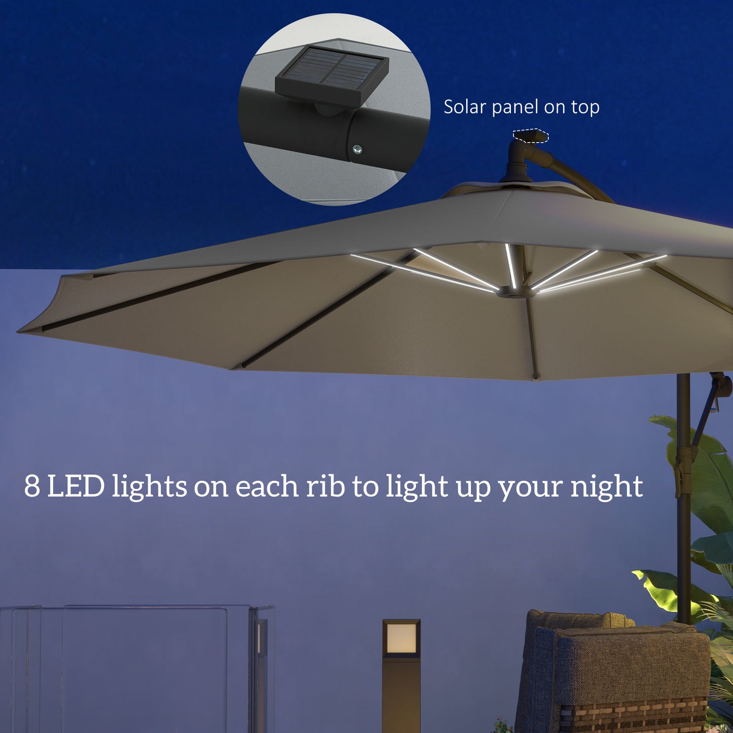 Outsunny 3(m) Cantilever Parasol with Solar LED Lights, Garden Umbrella with Cross Base and Crank Handle, Hanging Offset Banana Sun Shade for Outdoor, Patio, Grey