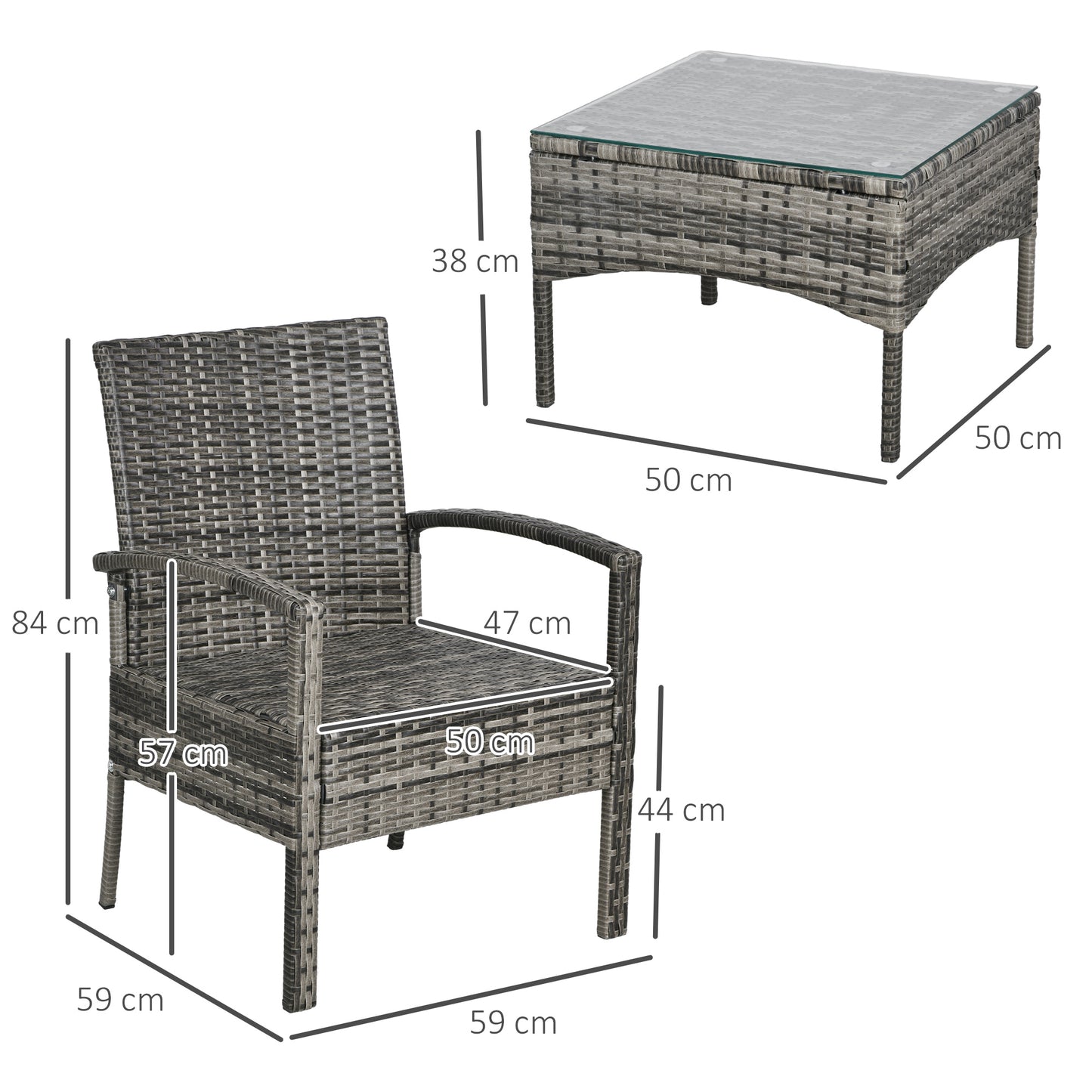 Outsunny 3 Pieces Outdoor Rattan Bistro Set, Patio Wicker Balcony Furniture, Conservatory Sets w/ Coffee Table and Cushioned Chair, Mixed Grey